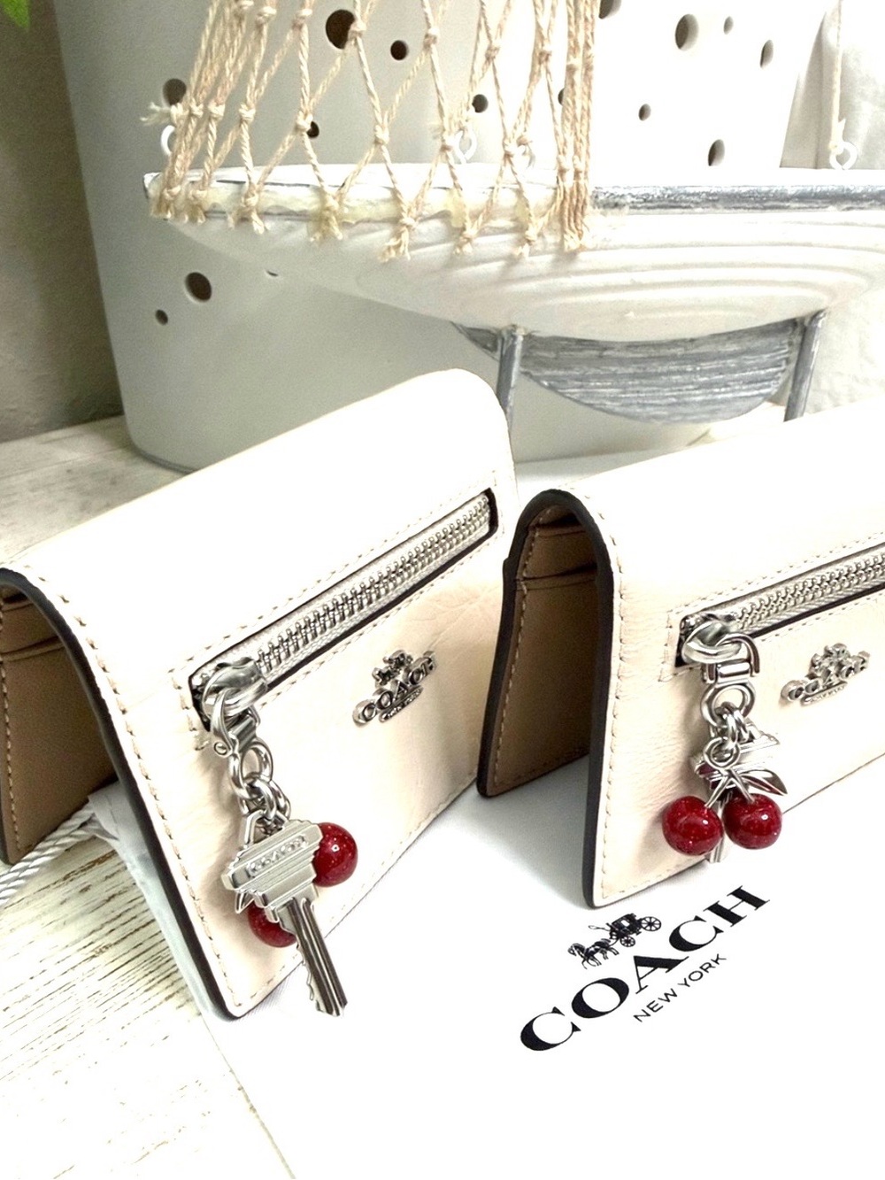 Coach Pink off White Leather Card Holder with Red Cherry and Key Charm